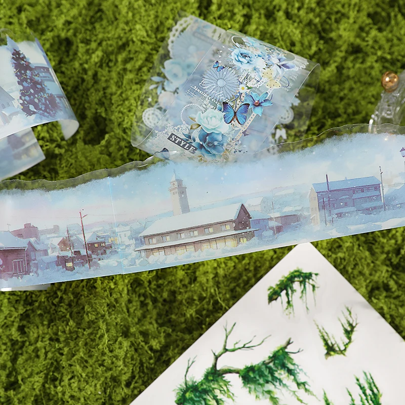 4 Styles PET Washi Tape Blue Floral Lace Moss Forest Mushroom Winter Snow Landscape Tape For Journal Scrapbooking DIY Crafts view 4