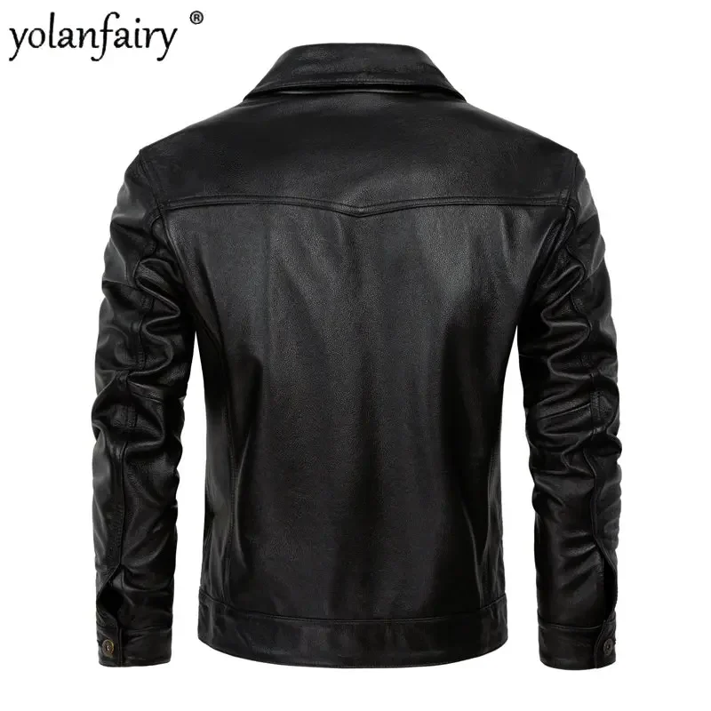 YOLANFAIRY Top Layer Cowhide Business Casual Leather Jacket Men's Genuine Leather Jacket Short Lapel Jackets Chaqueta Hombre