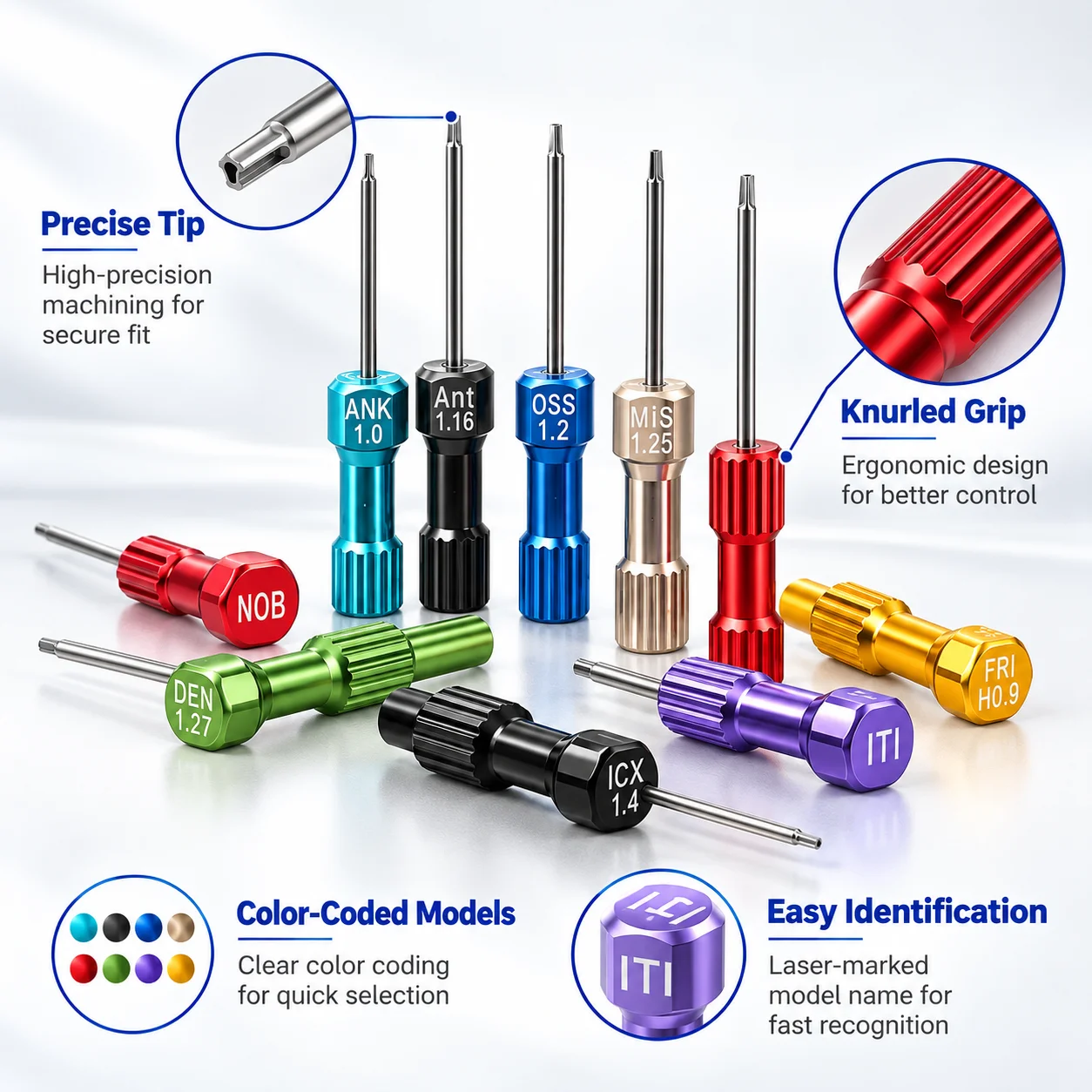 JNSUR Dental-Implantat-Schraubendreher-Set, Edelstahl-Implantat-Prothesen-Befestigungsset, 9 Modelle mit Edelstahl- oder Acryl-Stiel
