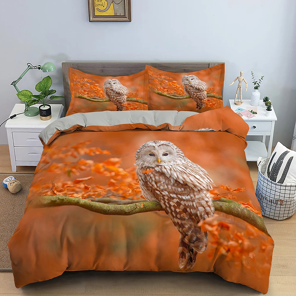 

Animal Owl Duvet Cover Set Queen/King Size Cute Taupe Owl Bedding Set For Kids Nocturnal Creatures Bedroom Decor Quilt Cover