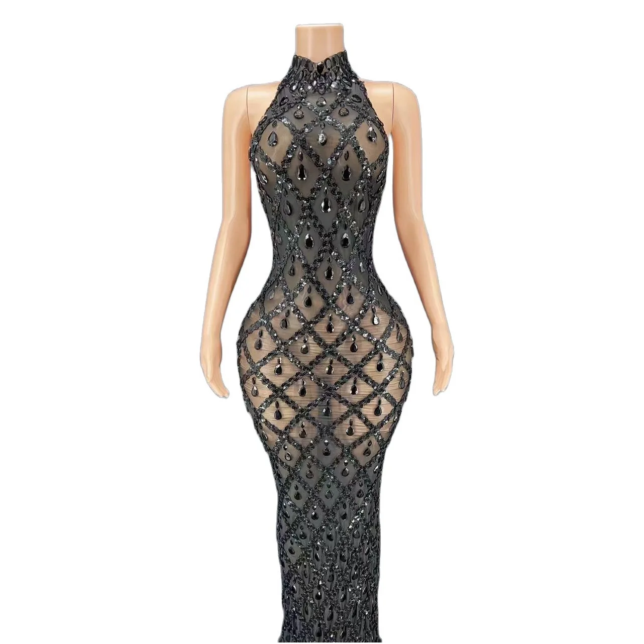 

Black Shining Crystal Halter Sexy Backless Split Long Dress For Women Evening Party Singer Stage Costumes Prom Wears