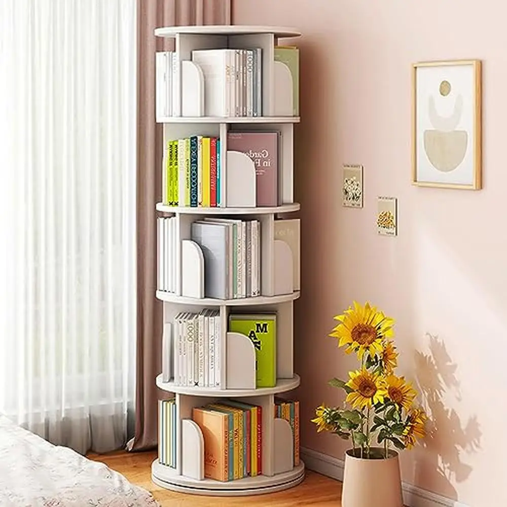 360° Rotating Bookshelf 5 Tier Modern Tall Bookcase Storage Rack Display Shelf Floor Standing Baffle- PVC Foam Board Durable-