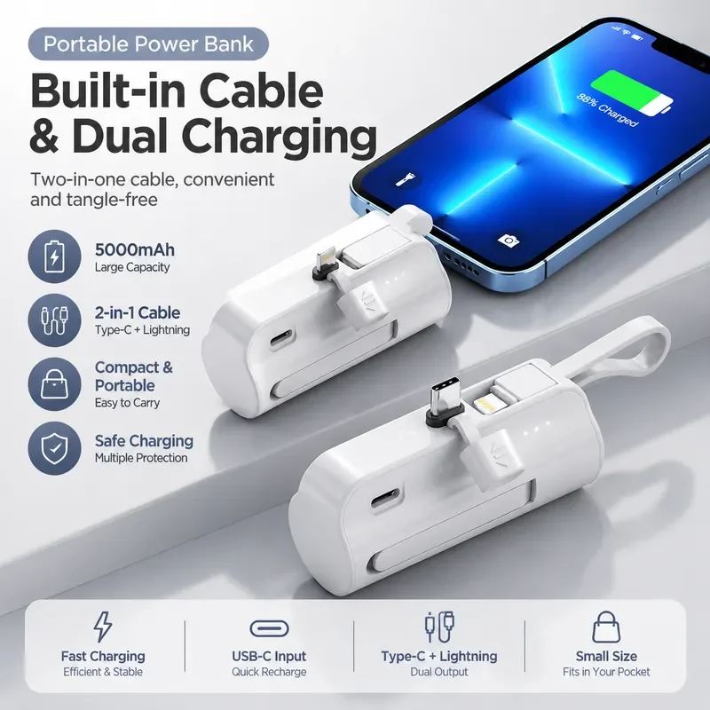 Mini Pocket Capsule Power Bank with Built in Cable and Bracket Portable Mobile Charger Direct Sales