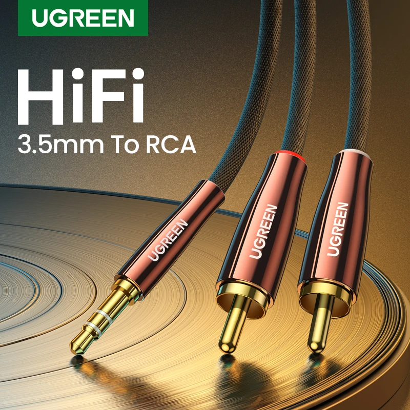 UGREEN kabel RCA 2RCA do 3.5mm Hi-Fi pleciony nylonowy kabel RCA do AUX Audio do kontrolera DJ głośnik gramofon TV samochodowe Stereo