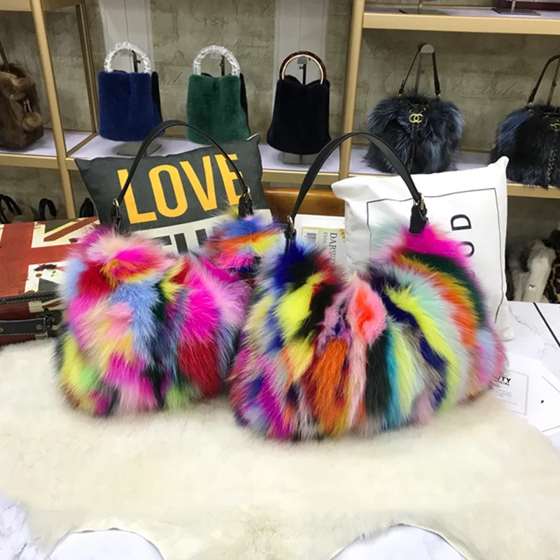 Female Bag Handbags For Women Natural Fur Bag Genuine Leather Bag Designer Bags Luxury Real Fox Fur Hand bags