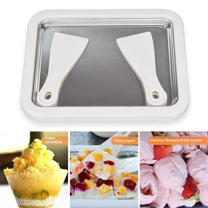 Máquina para hacer yogur frito casera, máquina para hacer helado enrollado, bandeja para helado frito de acero inoxidable, equipada con 2 raspadores, para preparar comida casera