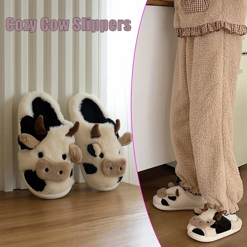 

Winter Warm Plush Cow Face Slippers Non-Slip Soft Sole Home Fuzzy Footwear Cute Animal Themed Cozy Slippers Indoor Use Women/Men