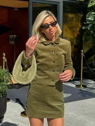 HH Women Fashion Lapel Single-Breasted Button Long Sleeve Corduroy Solid Coat+High Waist Zipper Mini Skirts 2 Piece Set