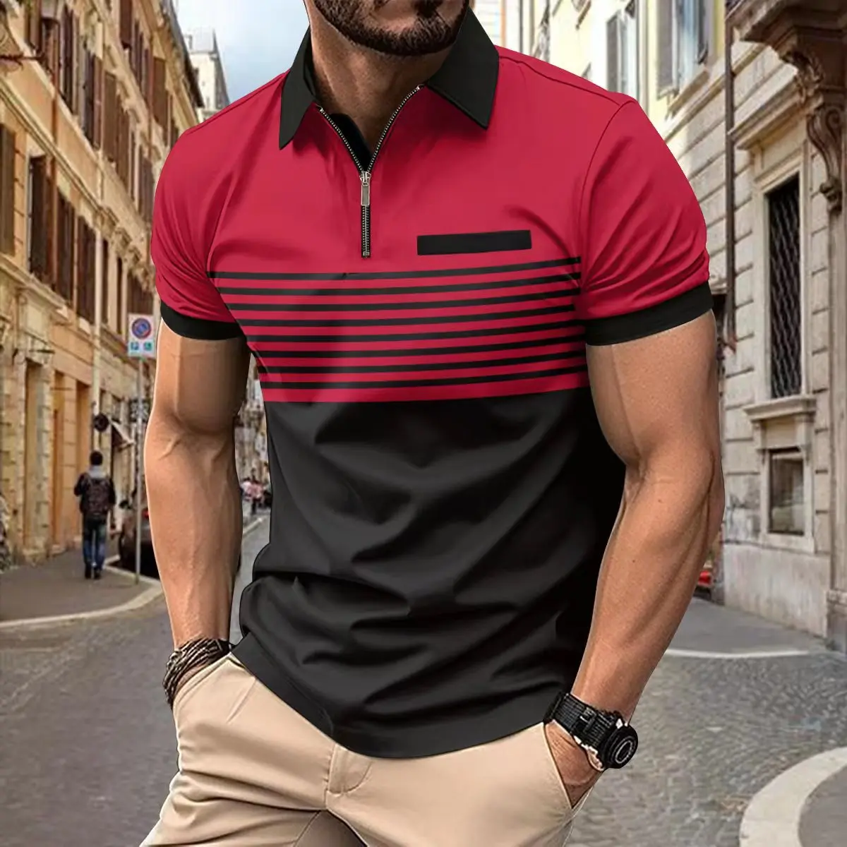 New men\'s summer striped T-shirt color blocking 3D digital printed zippered polo shirt business casual lapel short sleeved polo