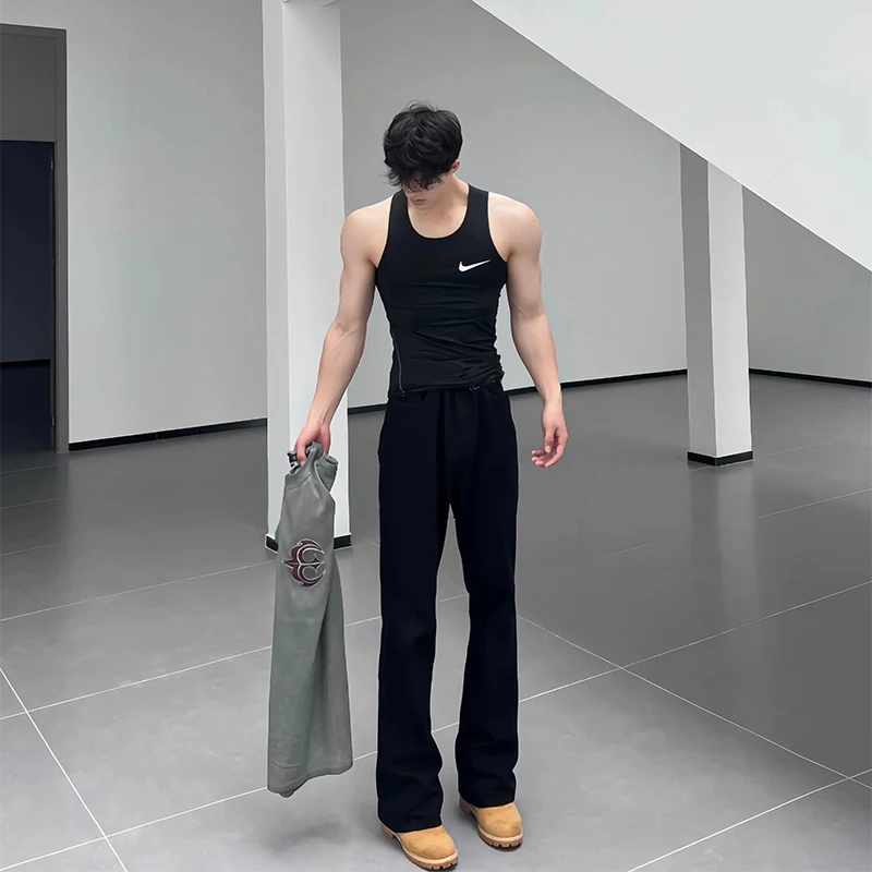 

Elastic Black Jeans Men's Summer Thin American Retro Cleanfit High Street Vibe Micro Flared Straight Leg Pants Youth Wear