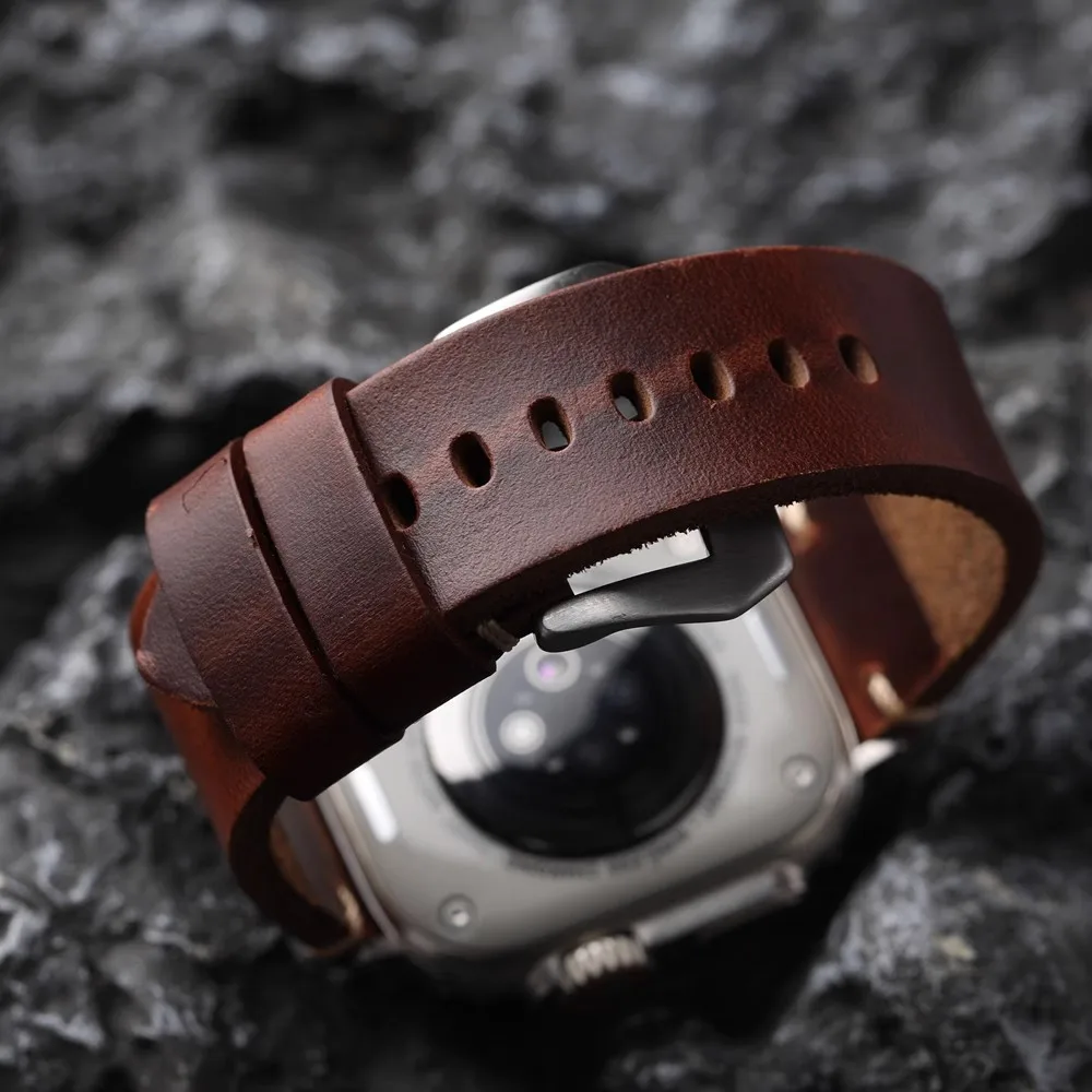 Handmade Top Layer Cowhide Strap 44MM 45MM 49MM Suitability For Apple Watch S9 Ultra2 Brown Thick and Durable Leather Bracelet