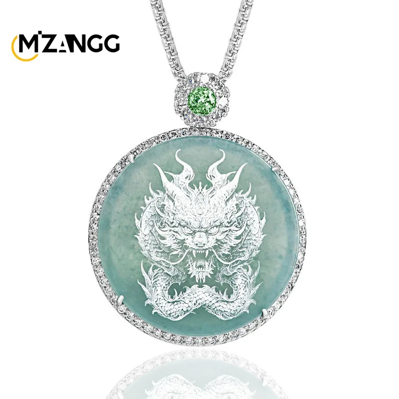 

Natural Jadeite Blue Water Shadow Carving Dragon Pendant Silver Ice Buddha GuanYin Necklace Fashion Men's and Women's Jewelry