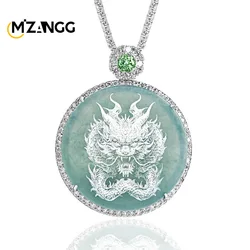 Natural Jadeite Blue Water Shadow Carving Dragon Pendant Silver Ice Buddha GuanYin Necklace Fashion Men's and Women's Jewelry