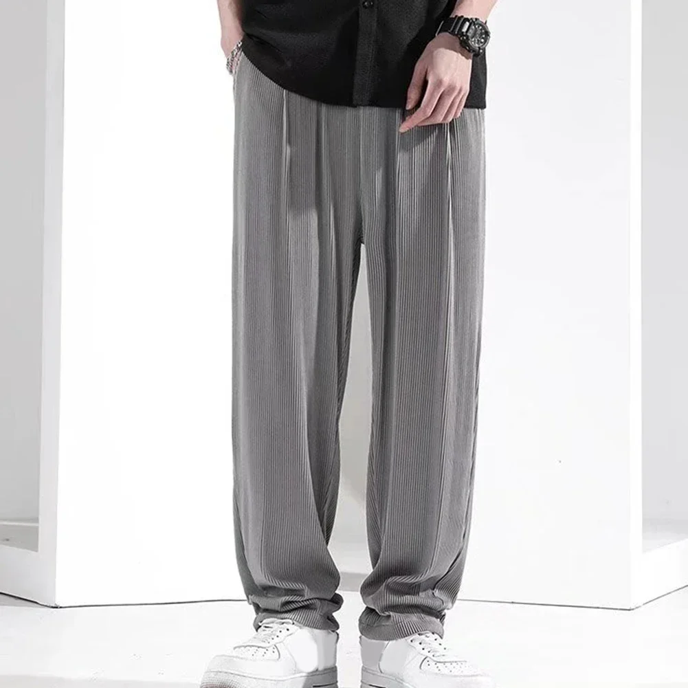 Summer Men's Middle Waist Straight Pant Comfortable Soft Loose Thin Pants Ice Silk Casual Man Wide Leg Trousers