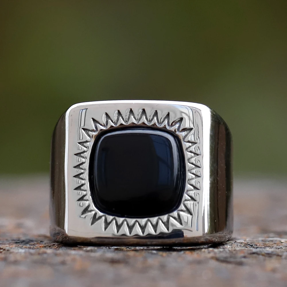 2024 new Stainless Steel Fashion Turkey Square With Black Zircon Ring Geometric For Anniversary Party Wedding Men\'s Anels Luxury
