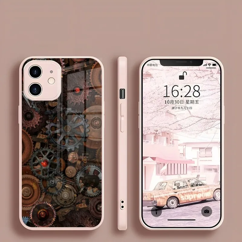 

Steampunk Gear Mechanical Phone Case For Iphone 15 14 13 Pro Max 12 11 Xr X Xs Mini 6 7 8 Plus Se 2022 2020 Glass Cover Pink