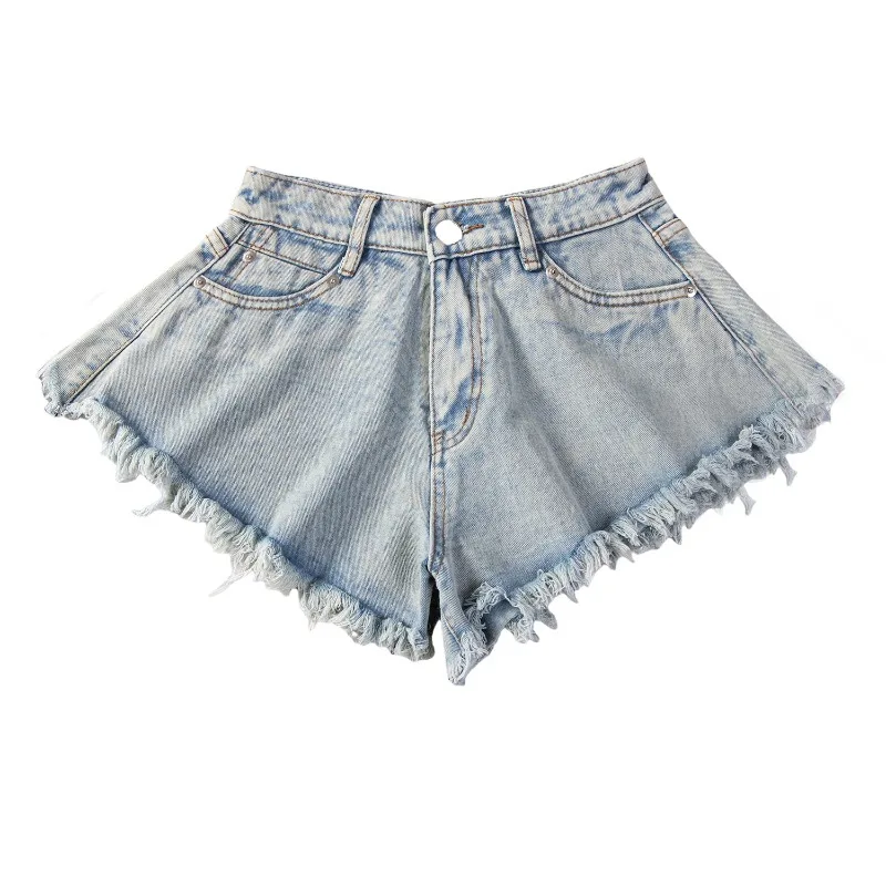 Feminino 2025 novo estilo europeu americano angustiado de cintura alta baggy franja denim shorts na moda streetwear bottoms
