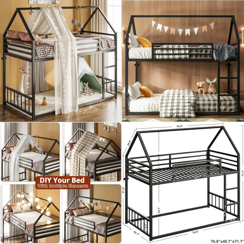 twin over twin bunk bed with ladder and guardrail, house-shaped metal slat frame for dormitories