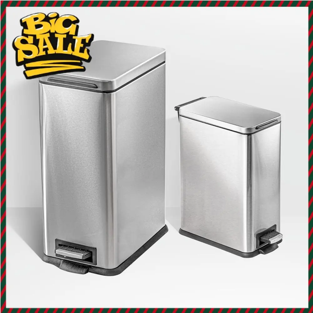 

Бестселлер: Двойные мусорные баки из нержавеющей стали с крышками с плавным закрыванием и держателем для пакетов, 8 и 3 галлона, серебристые