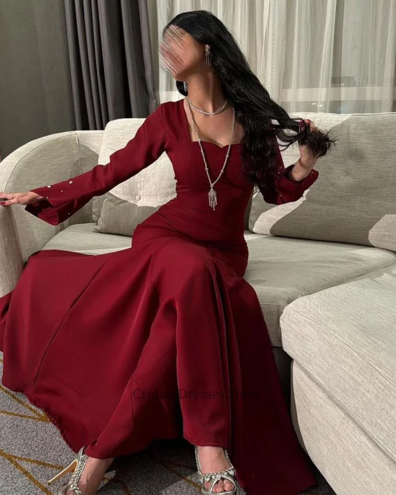 

High Quality Satin Long Sleeves Evening Dresses With Crystals Burgundy Square Collar Bodycon Mermaid Prom Dress Saudi Arabia
