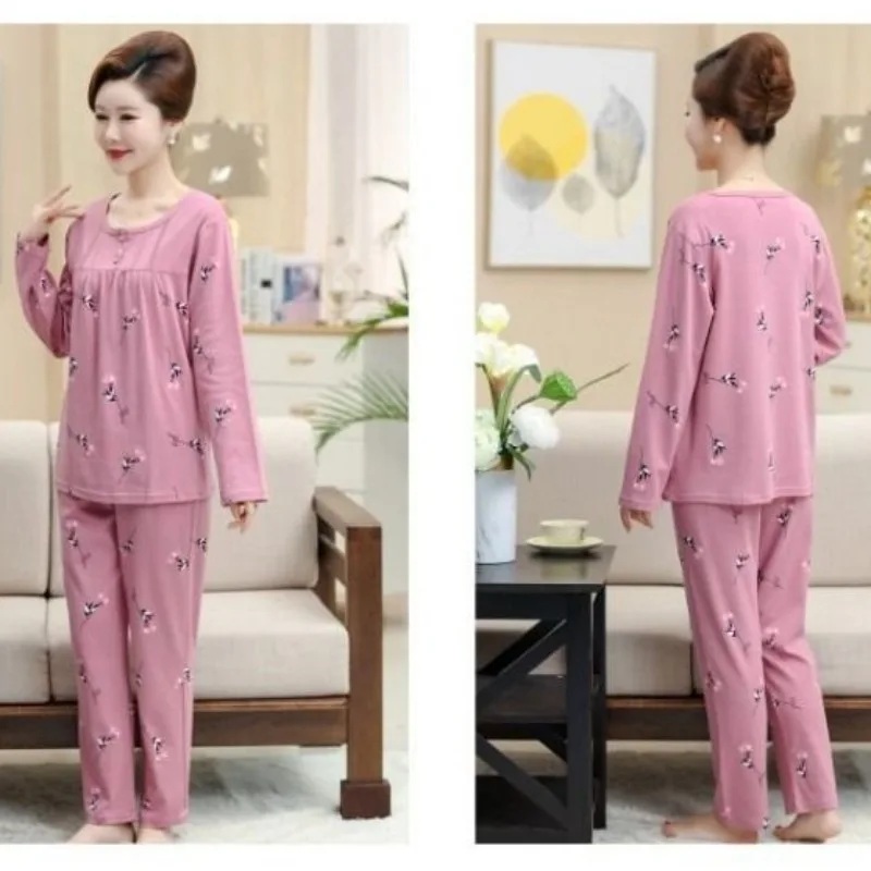 2023 New Middle Aged Women's Pure Cotton Pajamas Long Sleeved Loungewear Spring Autumn Thin Pullover Large Size Homewear Set