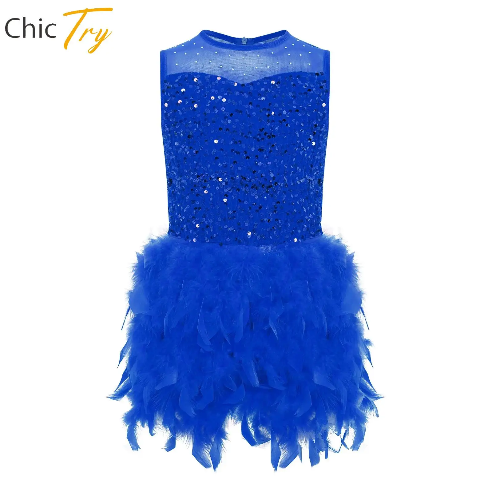 

Kid Girl Modern Lyrical Dance Dress Jazz Latin Cha-cha Dancewear Sleeveless Sequins Feather Velvet Princess Dress for Stage Show
