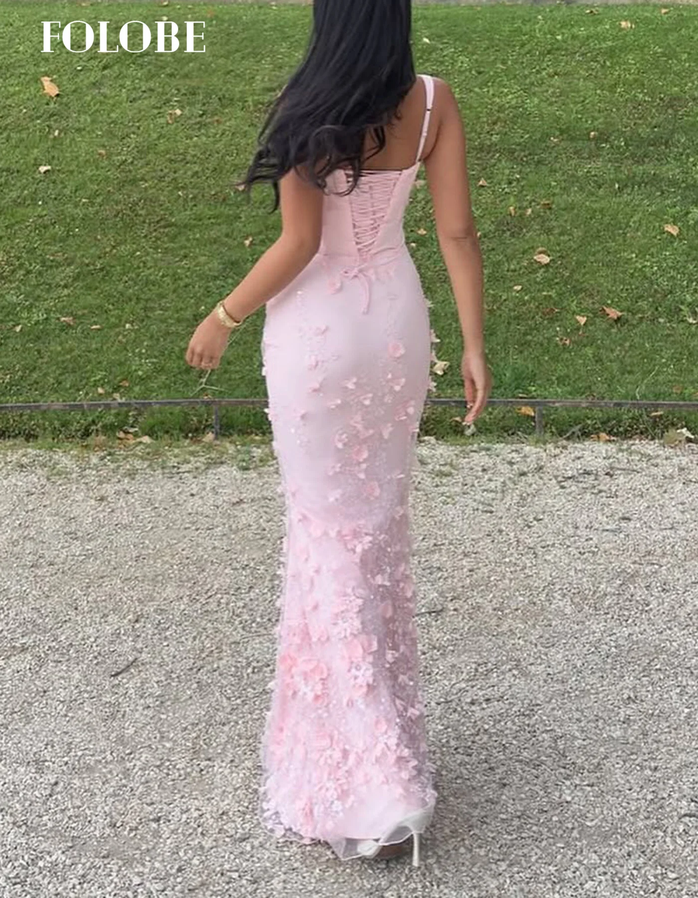 Sukienka wieczorowa FOLOBE, różowa, z kwadratowym dekoltem, cekinami, kwiatami 3D, krój syreny, suknia na studniówkę, dla kobiet, na wesele, bal, możliwość personalizacji.