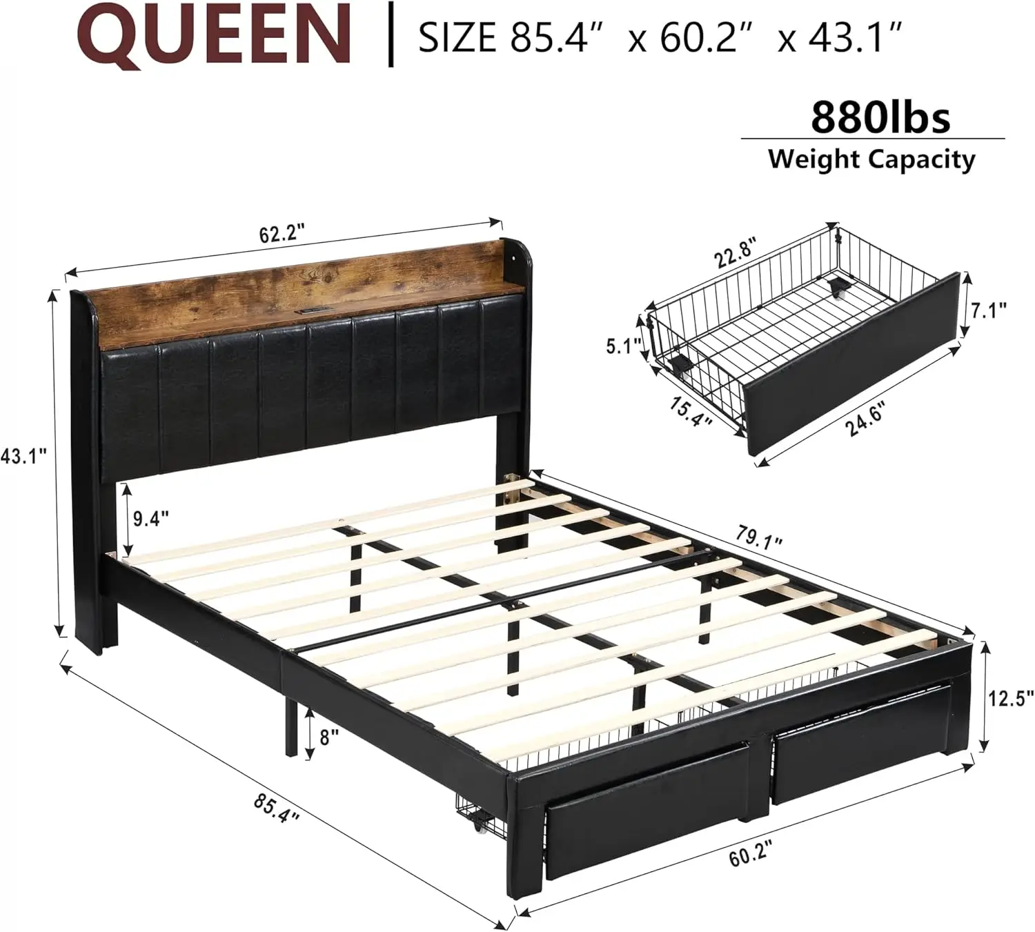 Bed Frame Queen Size with Headboard, Platform Queen Bed Frame with Storage Drawers & Charging Station, No Box Spring