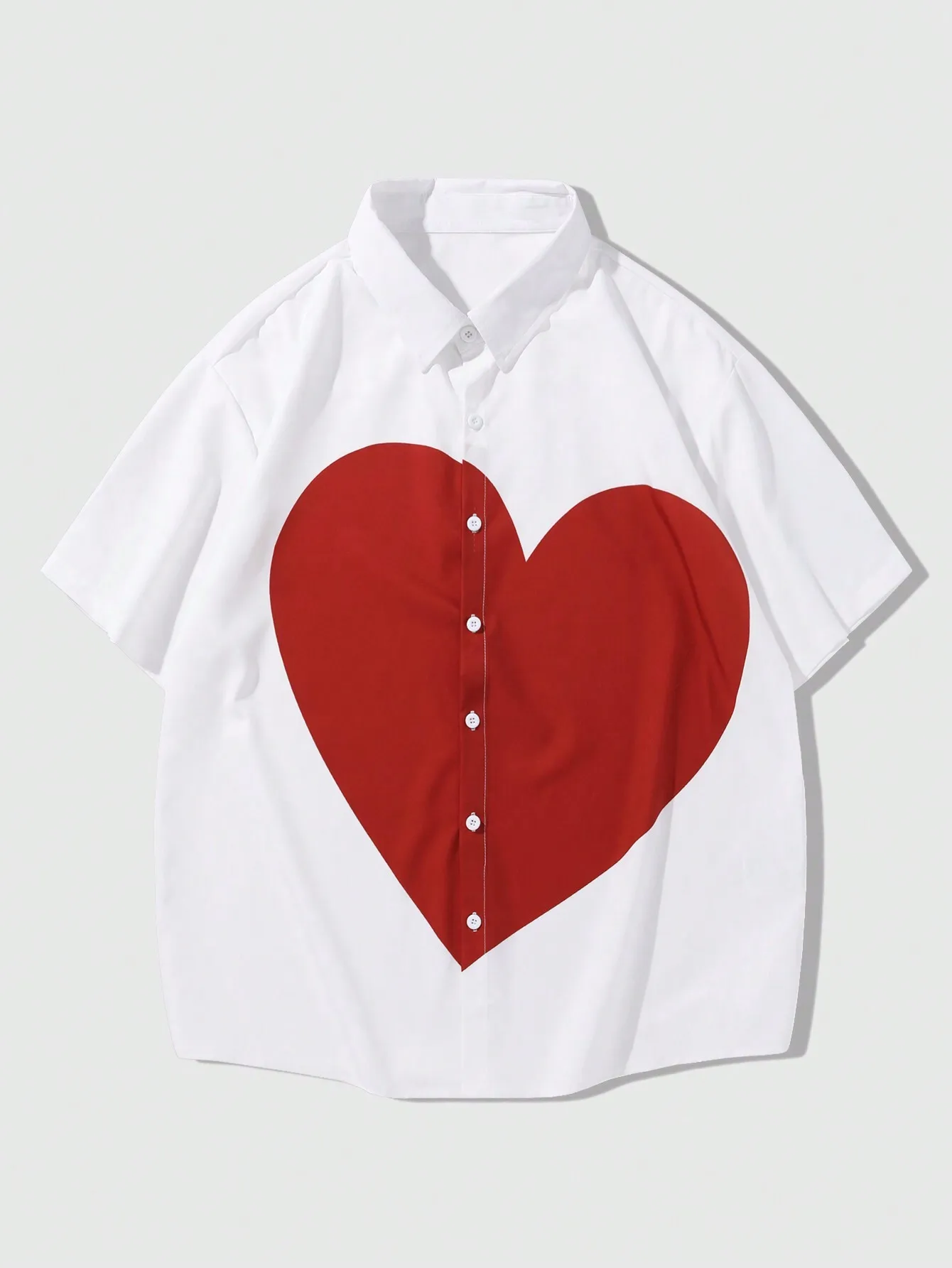 

Men's White Short Sleeve Button-Up Shirt with Bold Red Heart Print