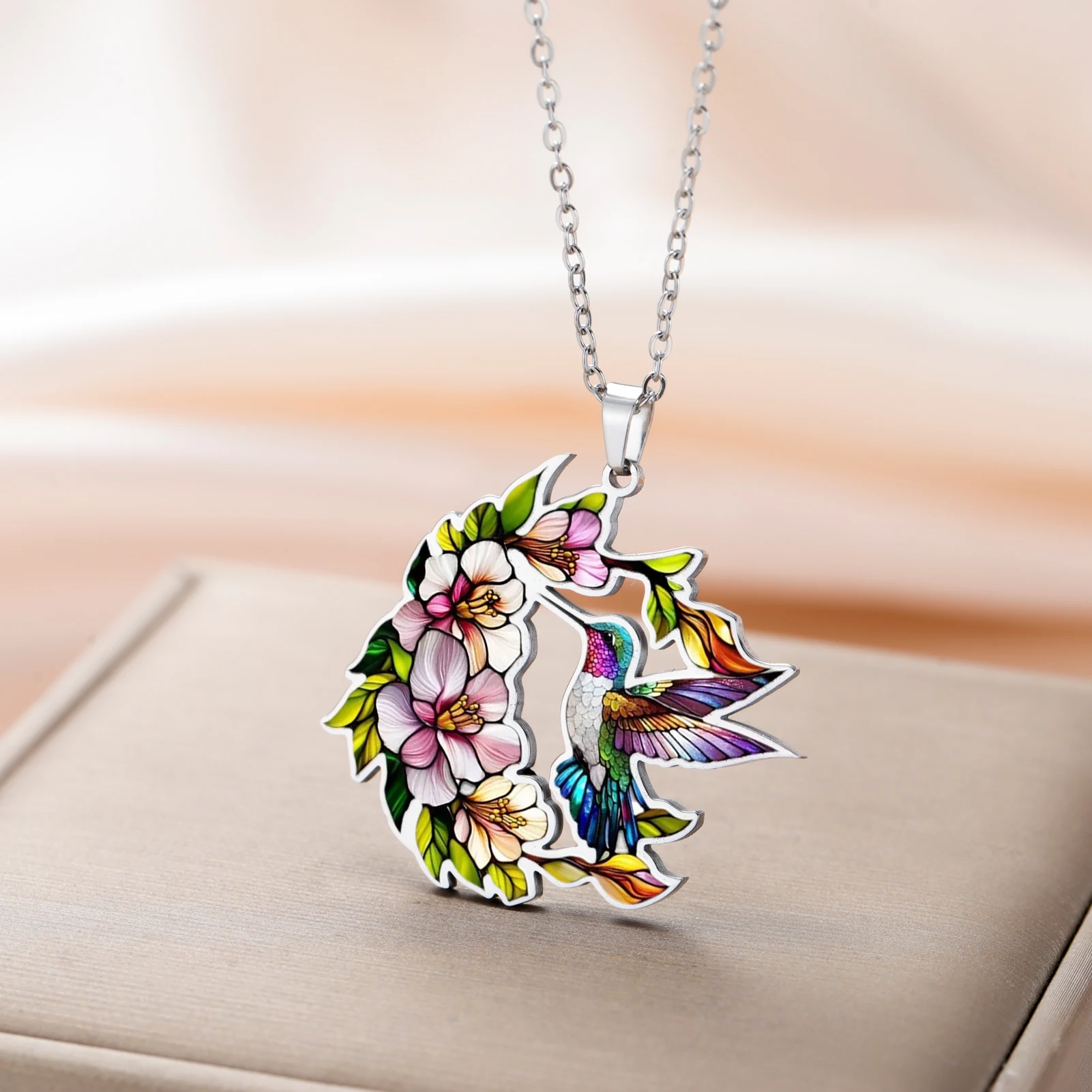 Kolibri-Blumen-Anhänger Halsketten für Frauen und Mädchen, Edelstahl-Vogel-Halskette, Schmuck Großhandel, Valentinstagsgeschenk