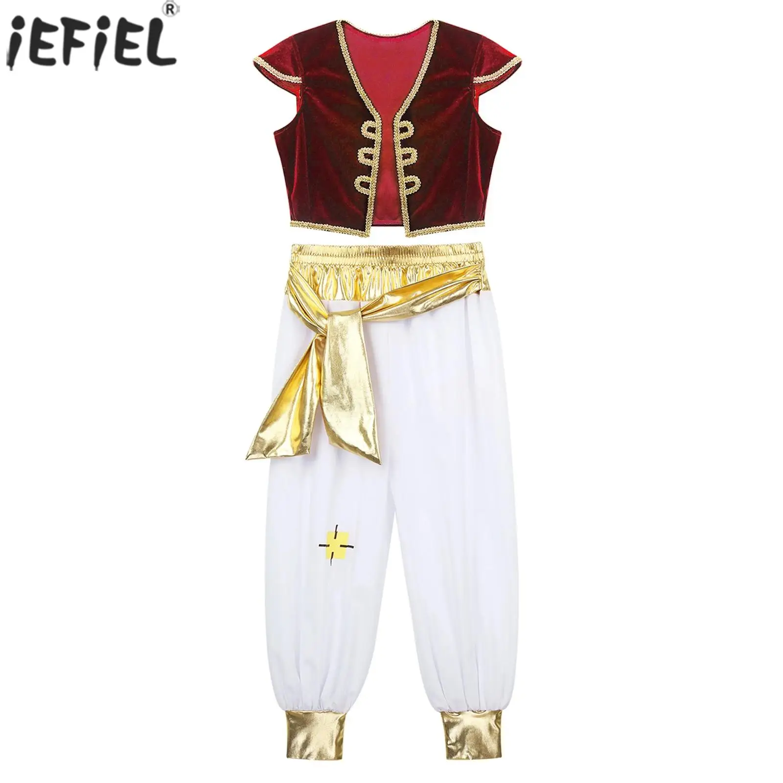 Kids Boys Arabian Prince Lamp Costume Halloween Fairy Tale Cosplay Carnival Party Dress Up Cap Sleeves Vest Waistcoat with Pants