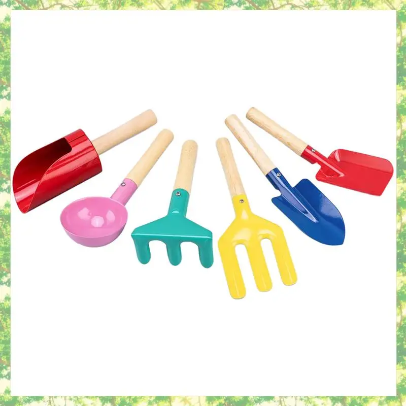 T84C-Gardening Set Metal Garden Tools With Sturdy Wooden Handle,Safe Kids Shovel With Cylinder, Spoon, Fork, Rake