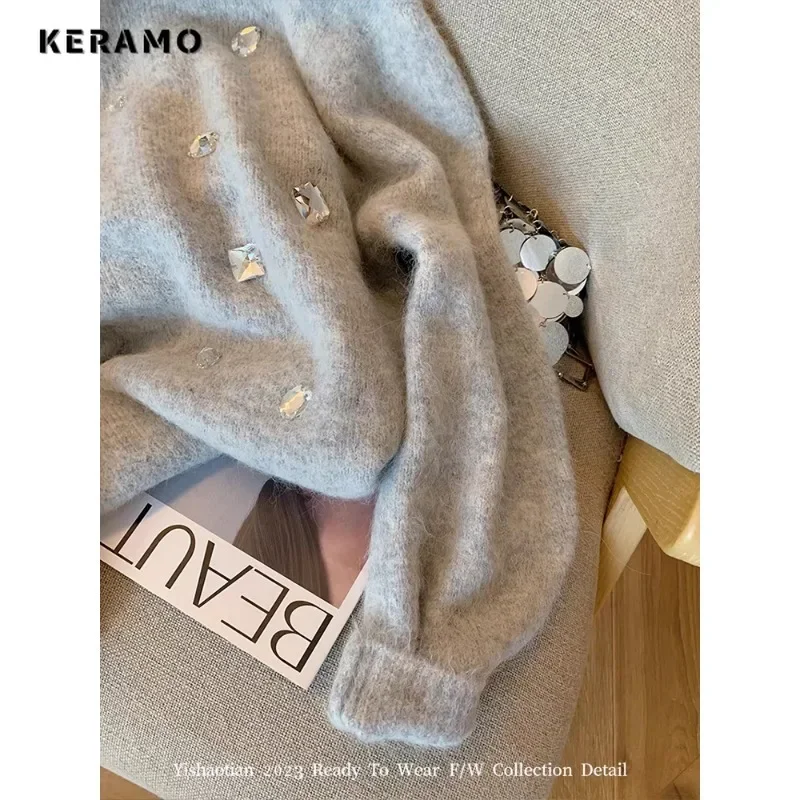 2023 Winter Casual Luxury Knitting Long Sleeve 3D Decoration Pullovers Korean Fashion Women Elegant Ladies Warm Loose Sweater