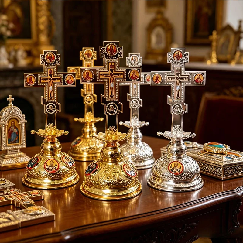 Byzantine Orthodox Standing Cross with Icons 25cm Gold Silver Metal Jesus Crucifix for Altar Church Supplies Christian Gift Set
