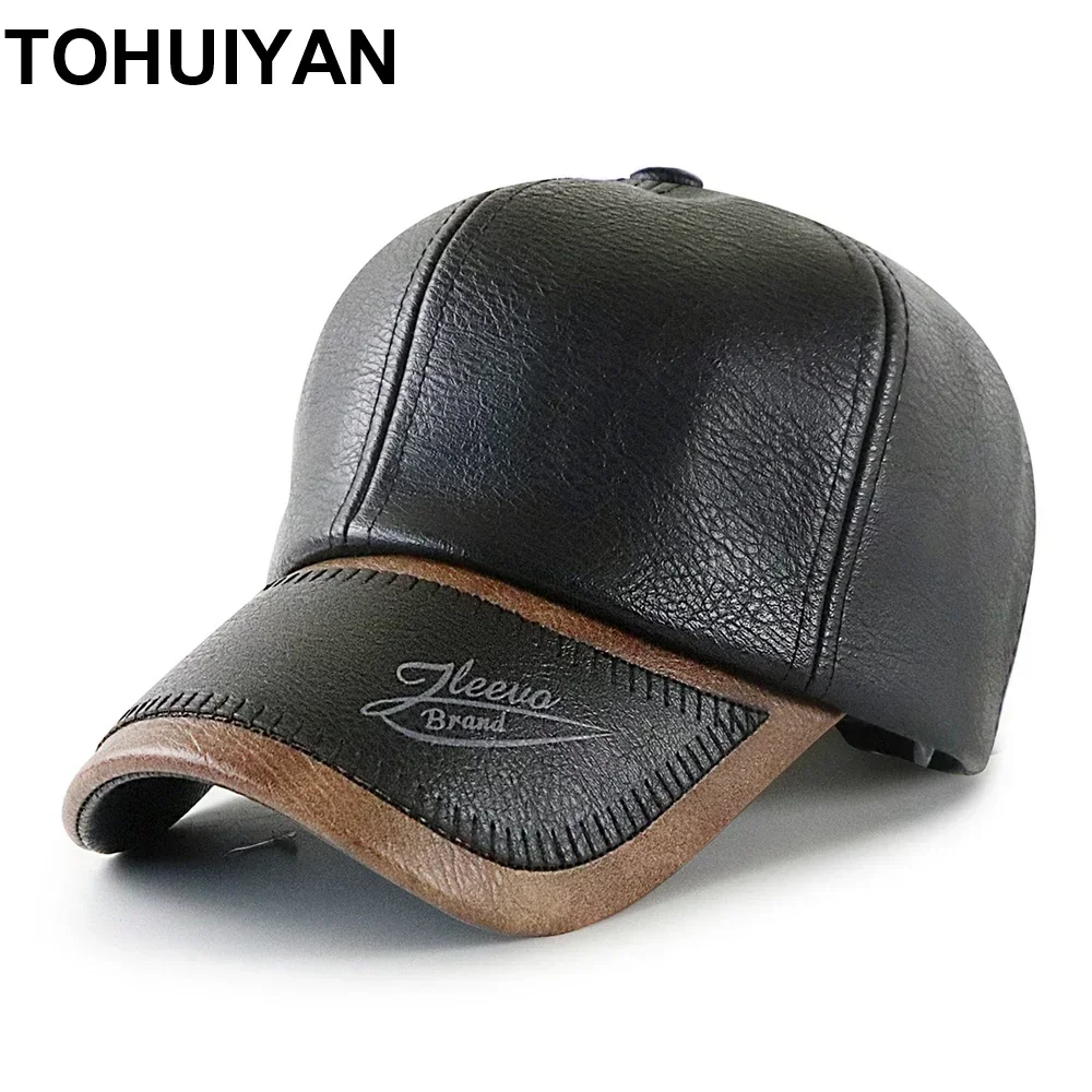 TOHUIYAN Top Grade Leather Caps for Men Warm Winter Baseball Hats Thicken Fleece Casquette Homme Dad Hat Adjustable Male Cap