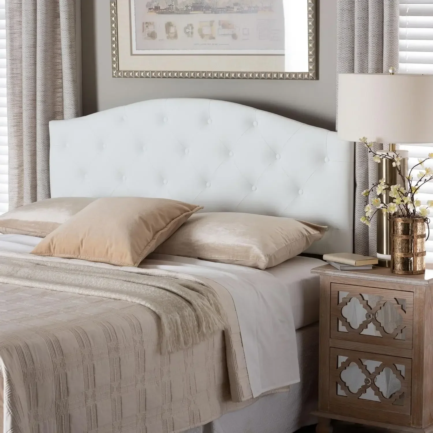 Myra Modern and Contemporary Queen Size White Faux Leather Upholstered Button-Tufted Scalloped Headboard