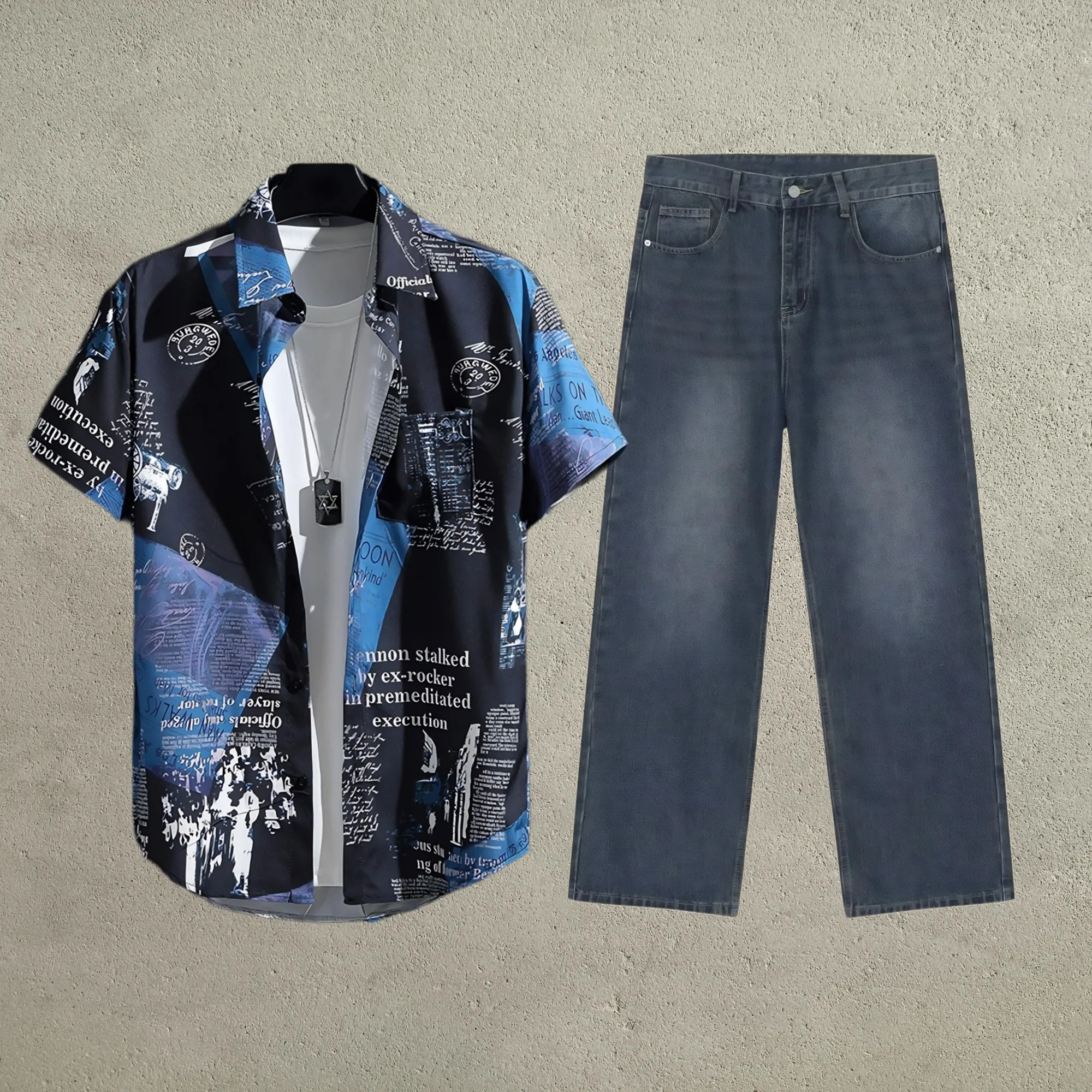 

Комплект из рубашек и брюк с короткими рукавами. Мужские рубашки с короткими рукавами и принтом. Тонкие топы и джинсы.