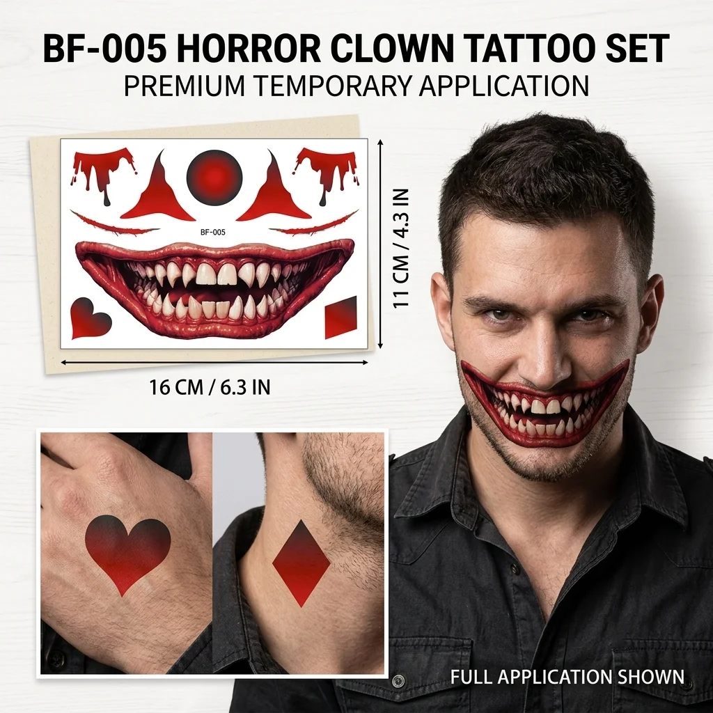 Halloween Temporary Tattoo Stickers Waterproof Horror Mouth Monster Scar Face Body Art Makeup Cosplay Party Prop Decals