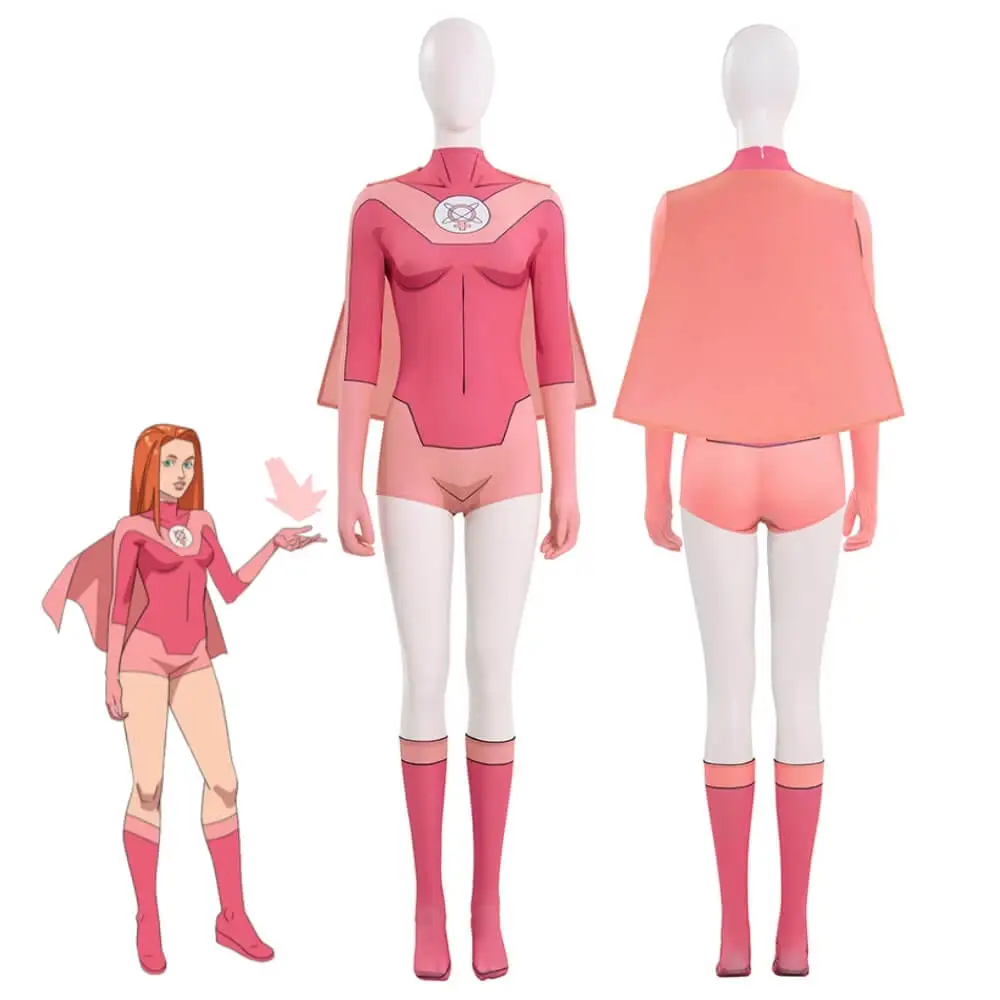 

Atom Eve Cosplay Costume Women's Invincible Season 3 Halloween Anime Party Pink Jumpsuit Cape Socks Takerlamas