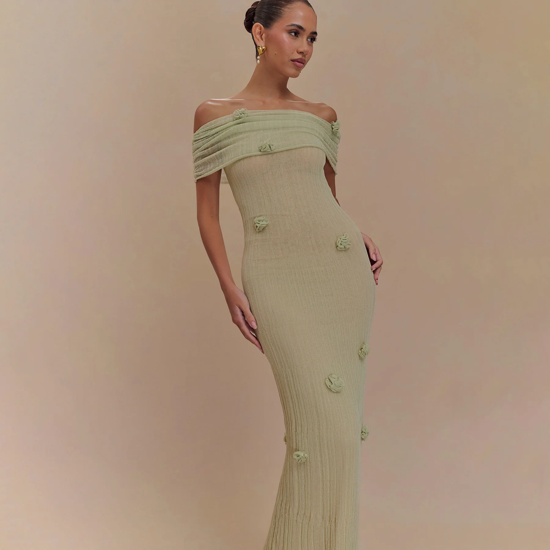 3d floral fora do ombro vestido mulher sem alças plissado cor sólida robes sem mangas elegante moda magro feminino longo maxi vestido