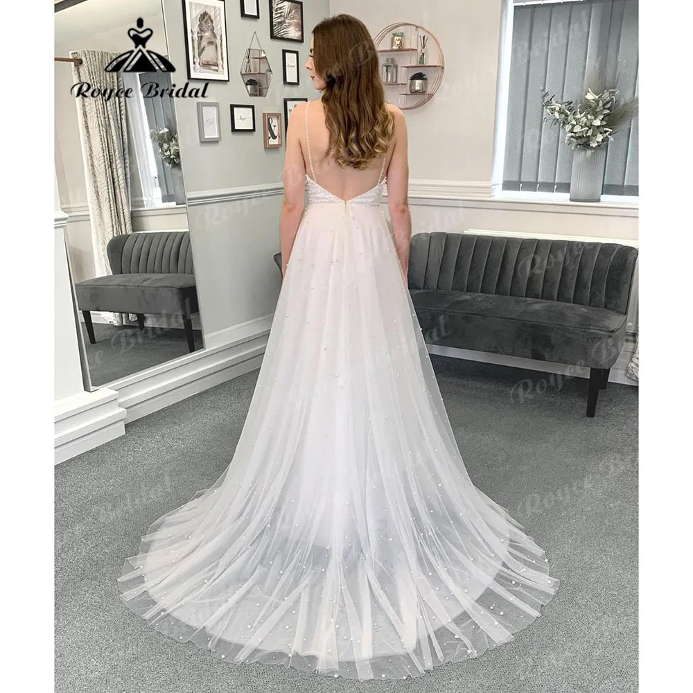 Robe Mariee Spaghetti Straps V Neck Pearls Wedding Dress for Women 2024 Sweep Train Backless Bridal robe de réception de mariage