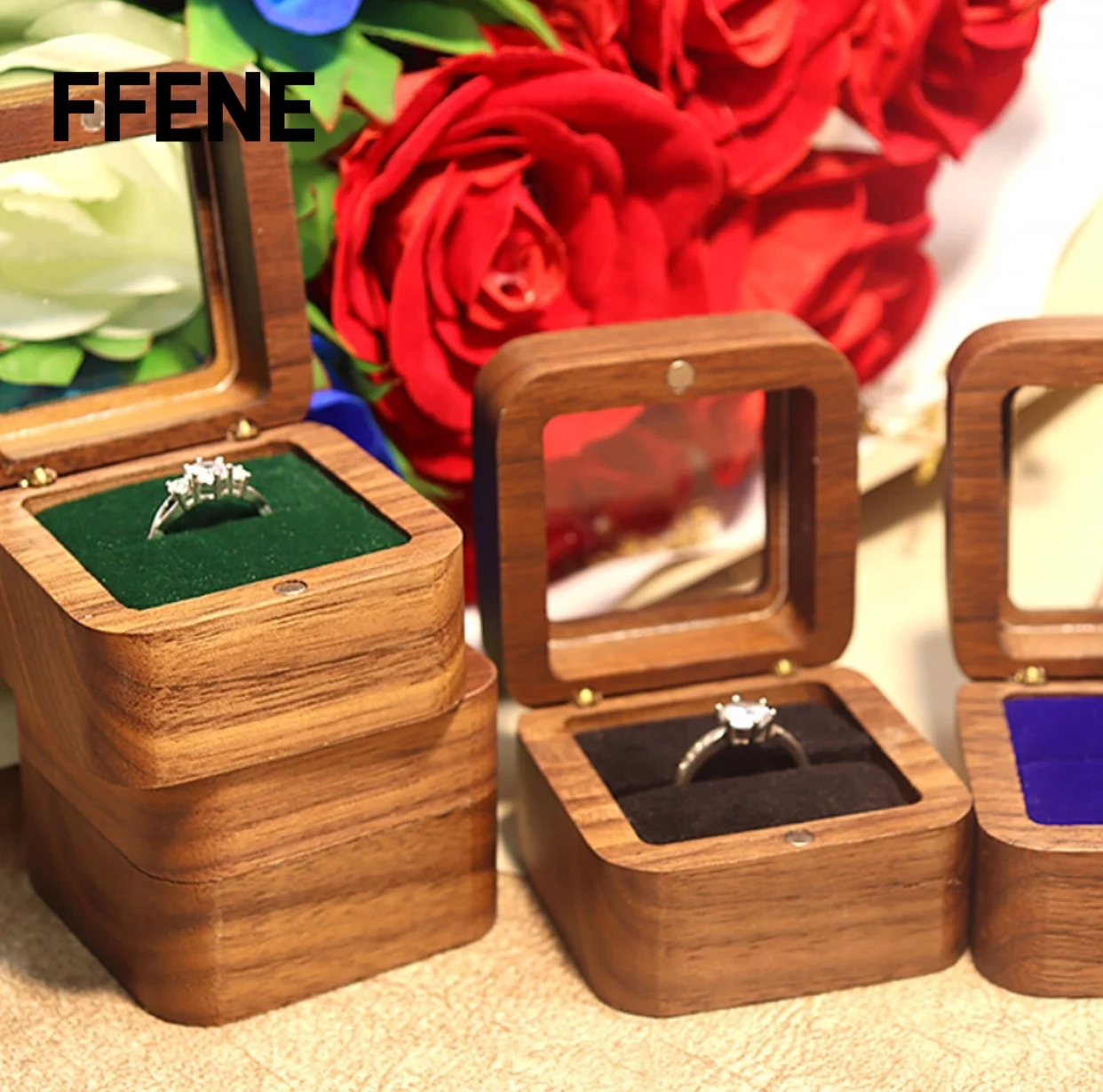 

Элитная коробка для колец из массива североамериканского черного ореха, 5,5 см, с бархатной обивкой, для свадебных колец, упаковка для хранения.