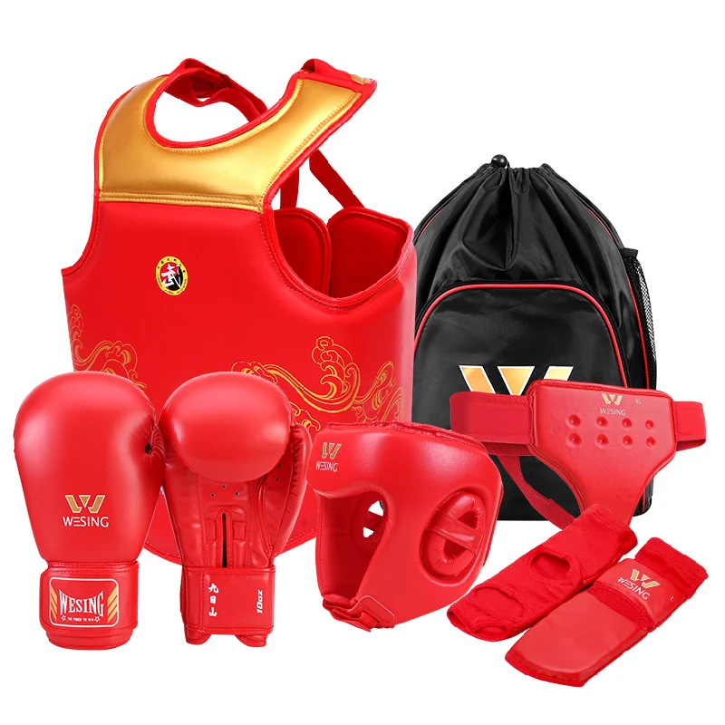 WESING PU Leather 6 Pieces Sparring Gear Set Martial Arts Sanda Wushu Equipment Gear Set