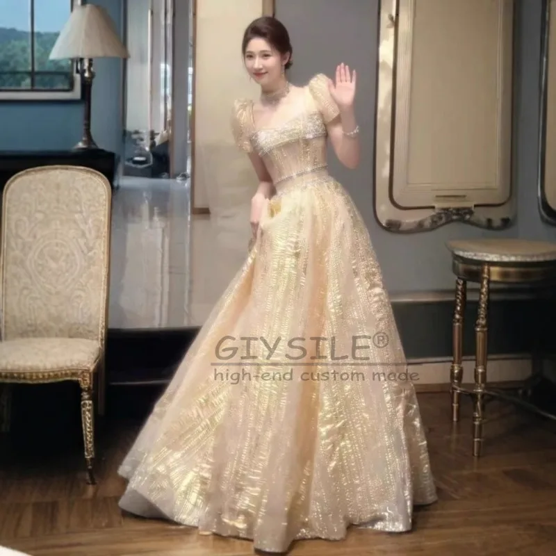 GIYSILE Customized Champagne-colored Square Collar Evening Dress 2025 New Bubble Sleeve Luxury A-line Skirt Sexy Party Dresses