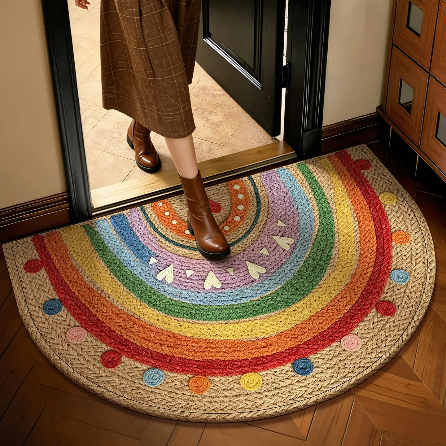 VIKAMA Rainbow Semicircular Door Floor Mat Full Velvet Entrance Wear-resistant and Dirt-resistant Foot Mat Door Non-slip Floor