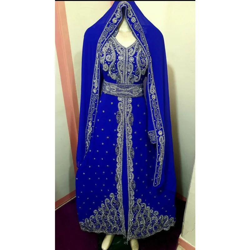 

Blue Dress African Costume Bridesmaid Abaya Long Dress Formal Beaded Dubai Moroccan Long Shirt