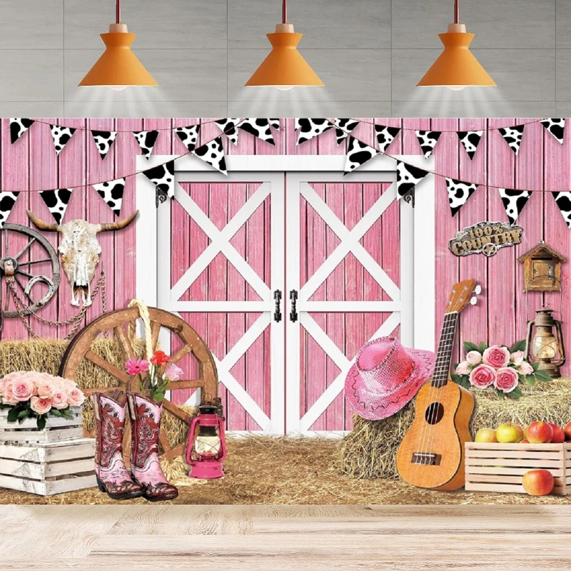 Western Cowgirl Photography Background Wild West Pink Barn Door Rustic Farmhouse Country Hat Wood Girls Home Party Backdrop Wall