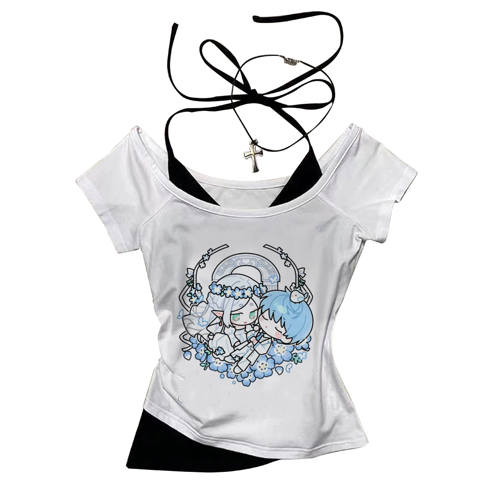 Frieren cropped top female funny scene  cheap tshirt scene  meme clearance sales harajuku japan