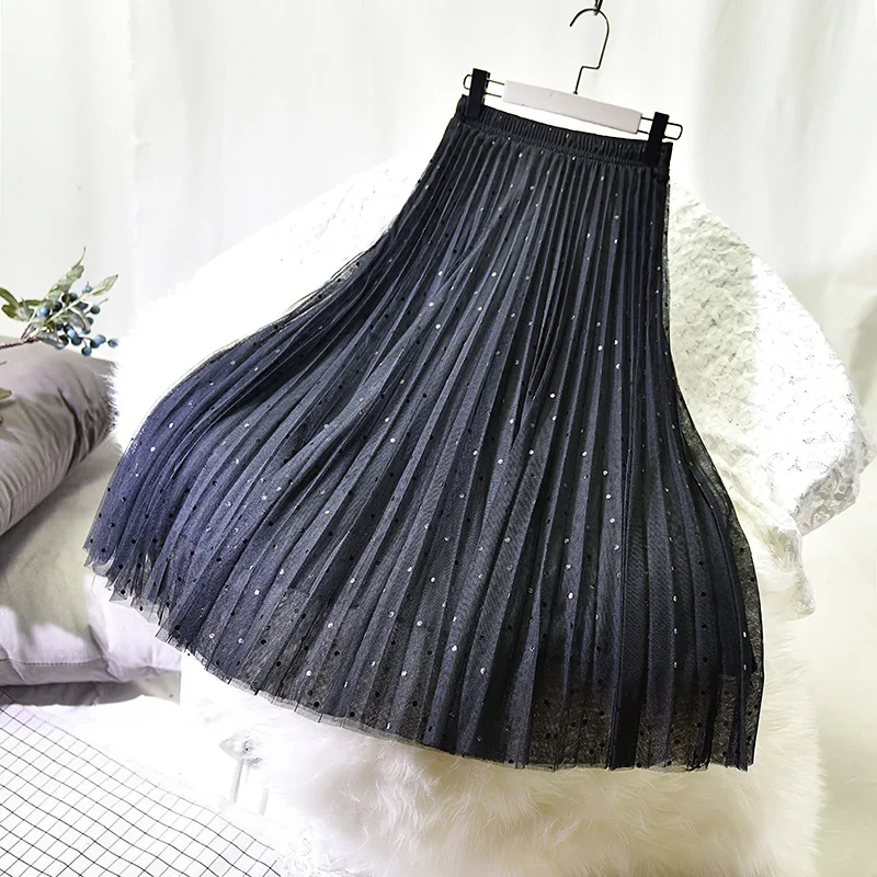 

Net Yarn Polka Dot Skirt Autumn 2024 New Style Pleated Female A-line Mid-length Skirt High Waist