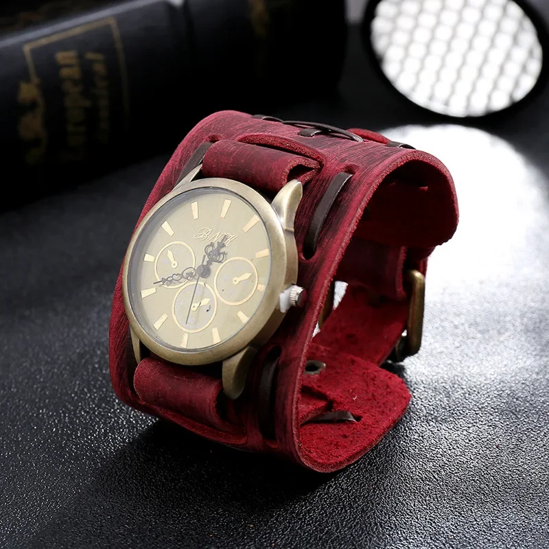 2024 Men\'s Watches Punk Retro Decorative Wide Strap Watch Male Clock Leather Bracelet Quartz Military Man WristWatch Men Watch